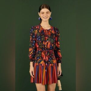 Farm Rio Banana Sky Mini Dress Long Sleeve Unique Pattern Multi Color Size XS